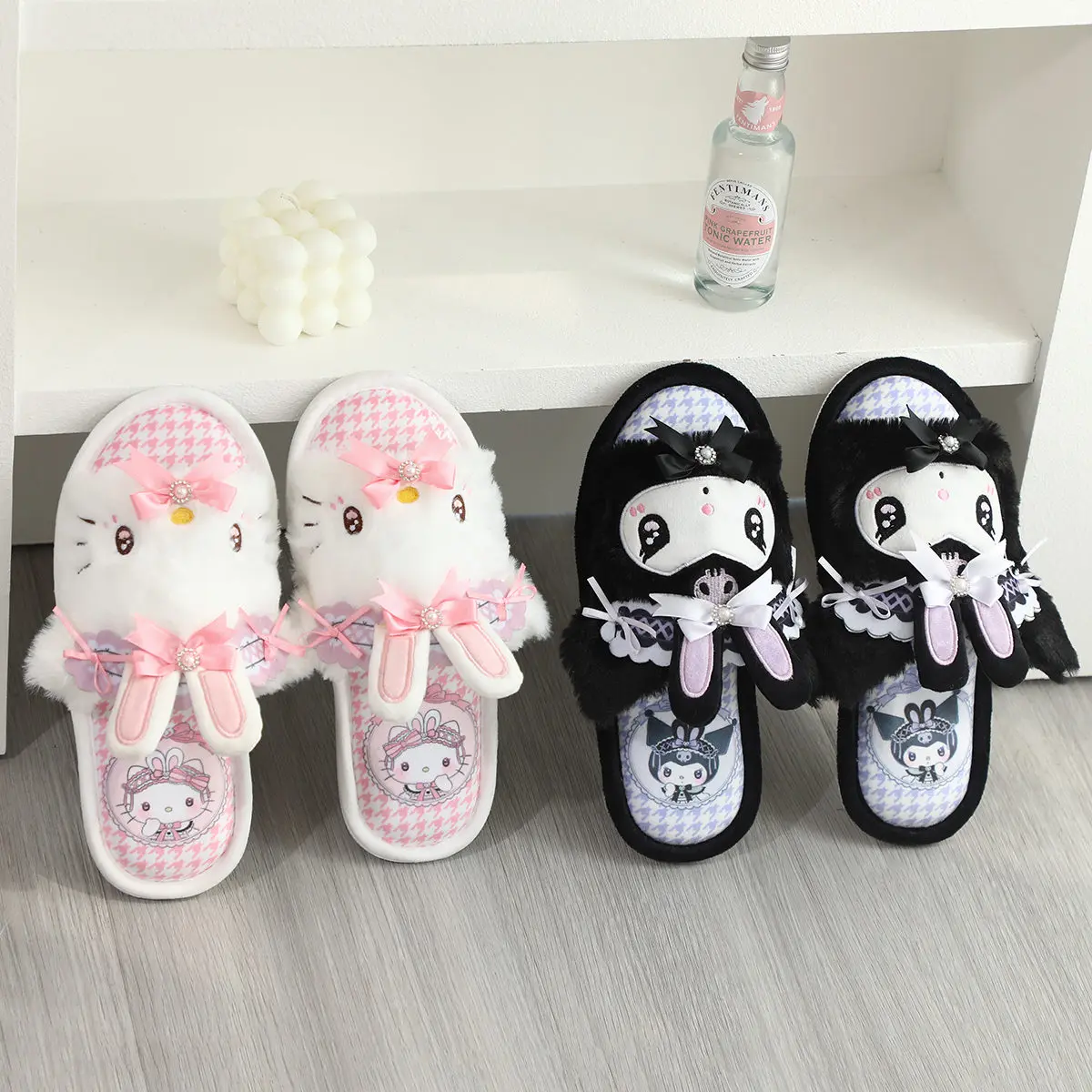 Cartoon My Melody Kuromi Plush Indooe Slippers for Women Open Toe Soft Sole Home Shoes Cozy Indoor Floor Slippers Non-slip