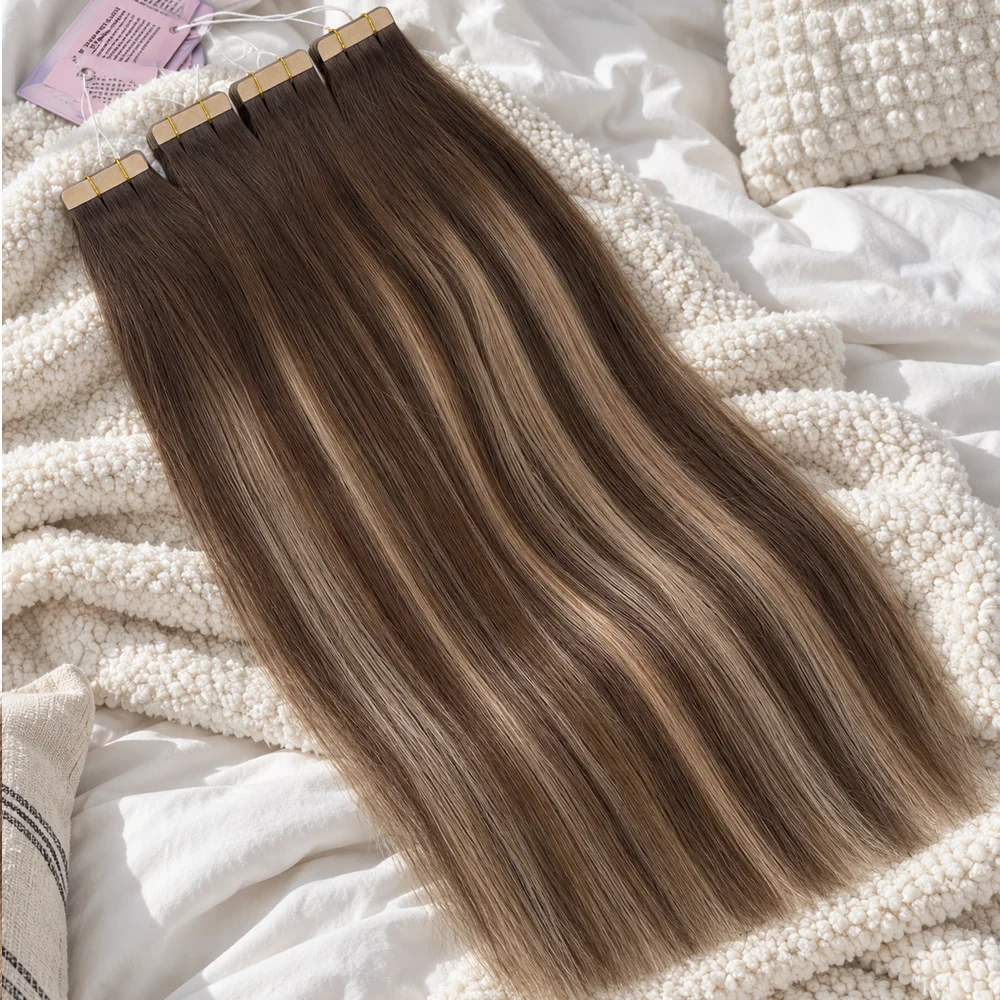 Tape In Hair Extensions 100% Remy Human Hair T4 27 P4 Brown Highlight Blonde Straight Seamless Skin Weft PU Tape Hair 21 Pcs Per Pack For Women