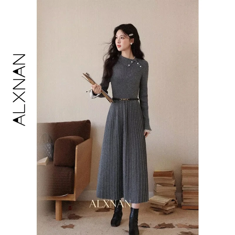 

ALXNAN Gray Knitted Dress for Women 2025 Evening Party Elegant Long Dress Lace Patchwork Pearl Flower Button Dresses L59501