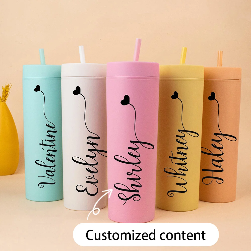 Personalized Name Matte Acrylic Skinny Tumbler, Custom Text Slim Cup with Straw, Double Wall Insulated Water Cup Bridesmaid Gift