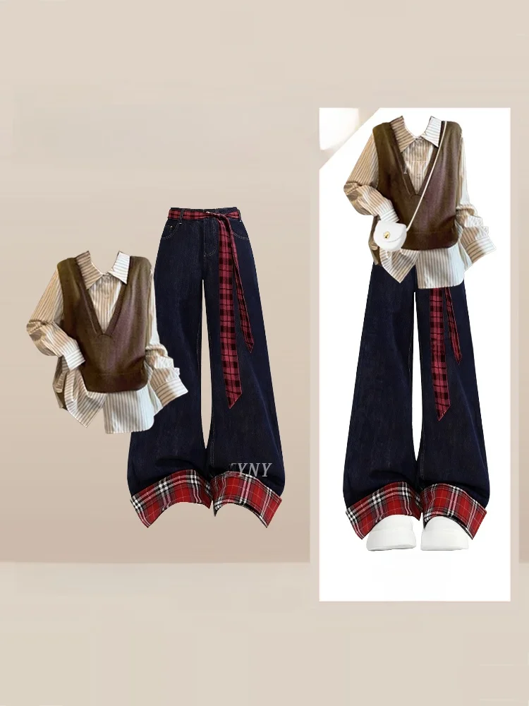 

Winter Faion Set Stripe irt Vest Plaid Belted Jeans Tee Piece Set Women's Long Sve Knitted Top Autumn Winter Universal