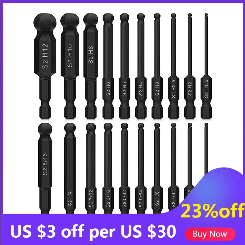 20Pcs Ball End Hex Head Allen Wrench Drill Bit Set Magnetic Metric SAE Allen Screwdriver Bits S2 Hex Bit Set Hex Key Socket Bits