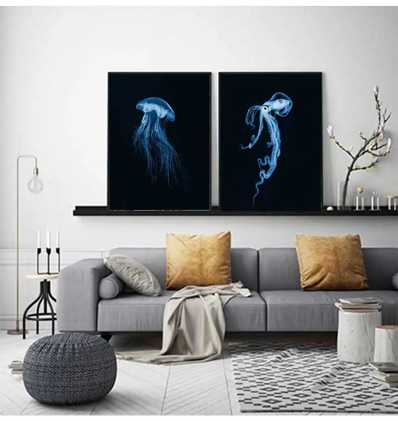 1pc frameless Retro Sea Animal Cyanea Jellyfish Squid Shark Minimalist Art Poster Canvas Painting Wall Prints Picture Living Roo