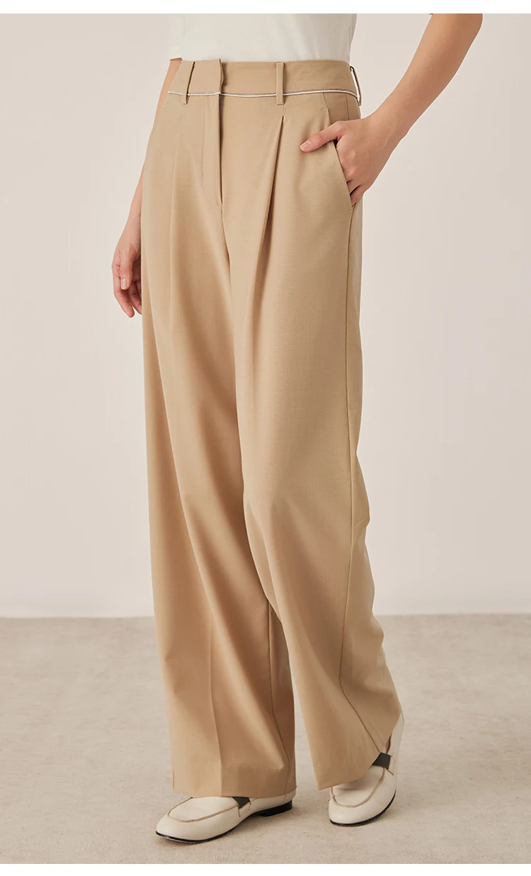 KL9523338 Hoch taillierte Hose aus Wollmischung mit weitem Bein für Damen, plissierte Vorderseite, Herbstmode, Damenbekleidung – Detail 4