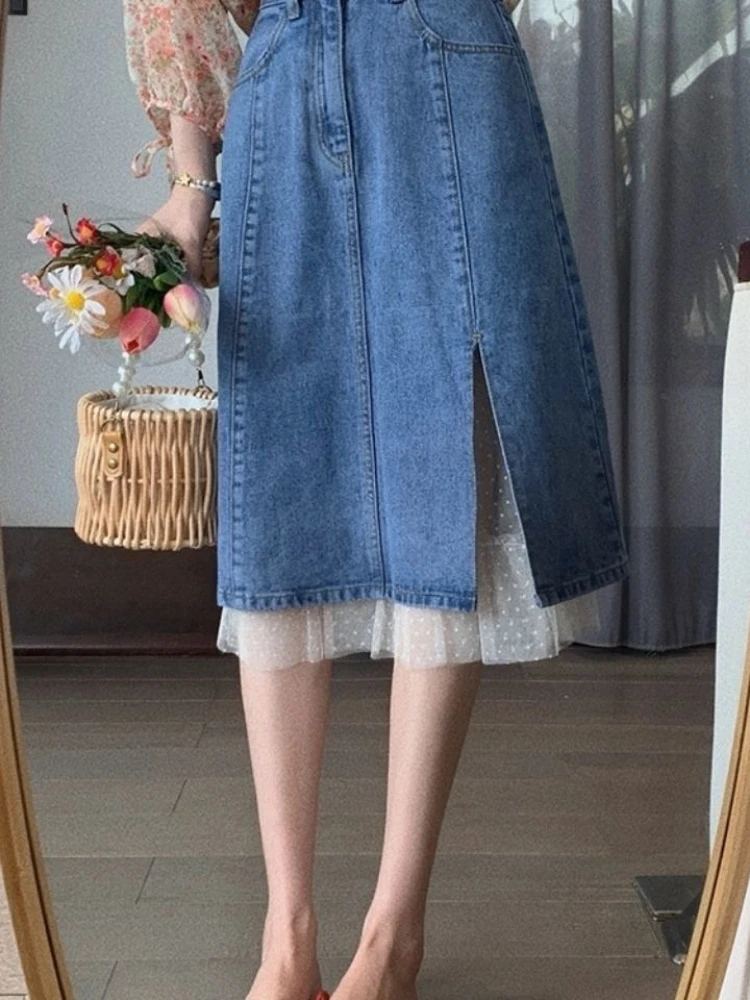 Französisch Chic Vintage A-Line Denim Rock Frauen Schlank Hohe Taille Seite Split Spitze Detail Casual Mid-Länge Rock Koreanische mode Rock