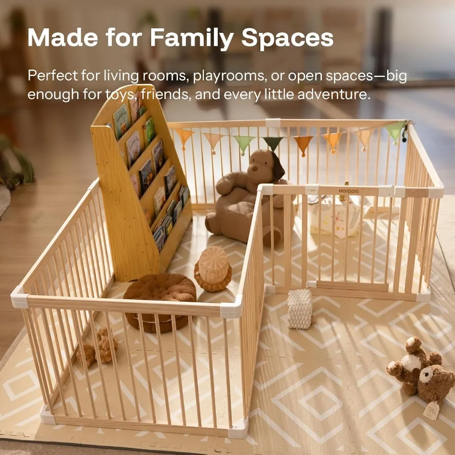 Kojec dla dziecka, drewniany kojec dla niemowląt i małych dzieci, duży plac zabaw, ogrodzenie dla dziecka, strefa zabaw, 181,5 x 202,5 x 61,5 cm