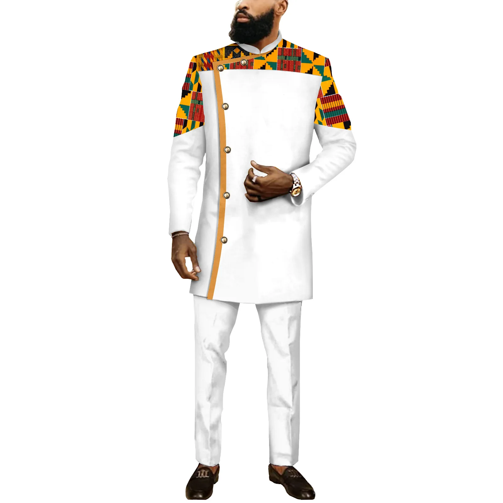 

SEA&ALP Dashiki for Men African Kente Print Suit Long Jacket and Pants 2 Piece Outfit Party Wedding Clothes