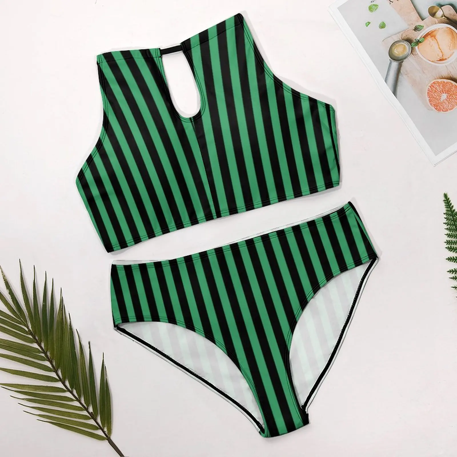 Candy Stripes Bikini Swimsuit Sexy Green and Black Line Swimwear Women Bikinis Set Push Up Graphic Swimsuits High Neck Biquini