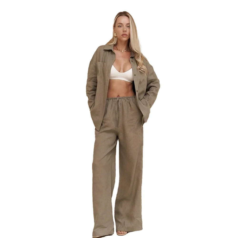 Pantaloni larghi in cotone e lino tinta unita alla moda Set per top a vita alta a maniche lunghe da donna Set in due pezzi 2025 Street Wear