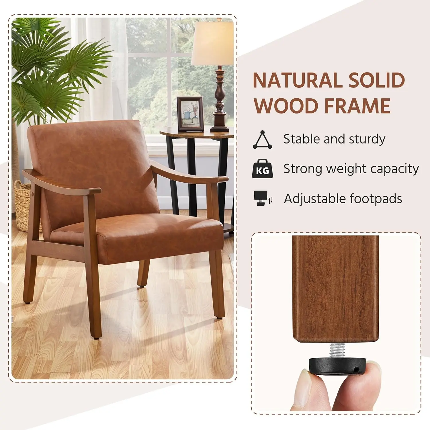 PU Leather Accent Chair, Mid-Century Modern Armchair with Solid Wood Legs, Reading Leisure Chair with High Back for Li