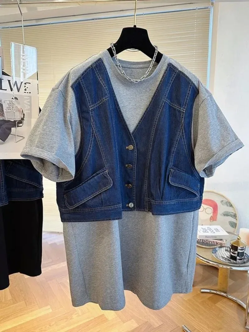 Джинсовые лоскутные топы из двух предметов Mujer, весна-лето, новые свободные футболки для женщин Y2k, футболка с короткими рукавами и круглым вырезом Джинсовые лоскутные топы из двух предметов Mujer, весна-лето, новые свободные футболки для женщин Y2k, футболка с короткими рукавами и круглым вырезом