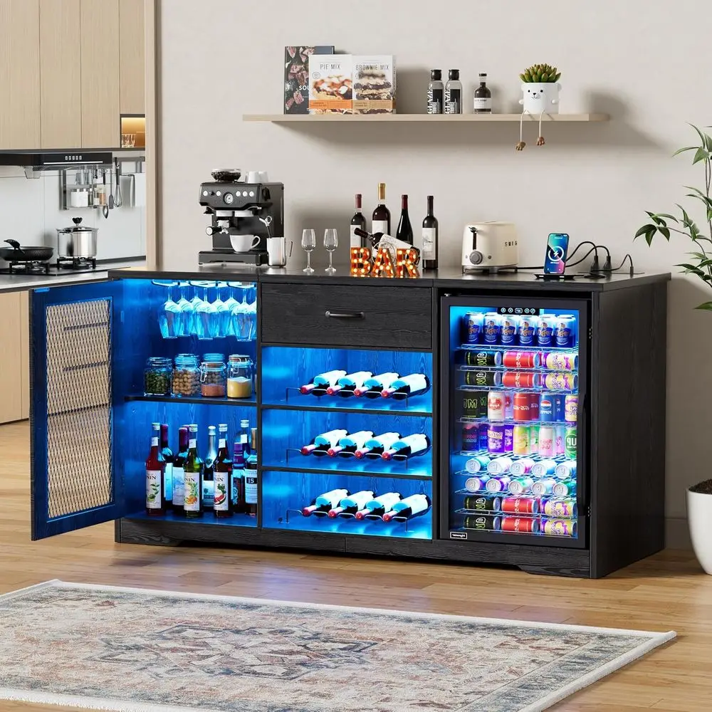 

LED-Lit Wood Bar Cabinet with Ridge Storage, Charging Station, and Mini Ridge Cabinet, Black Butler Sideboard