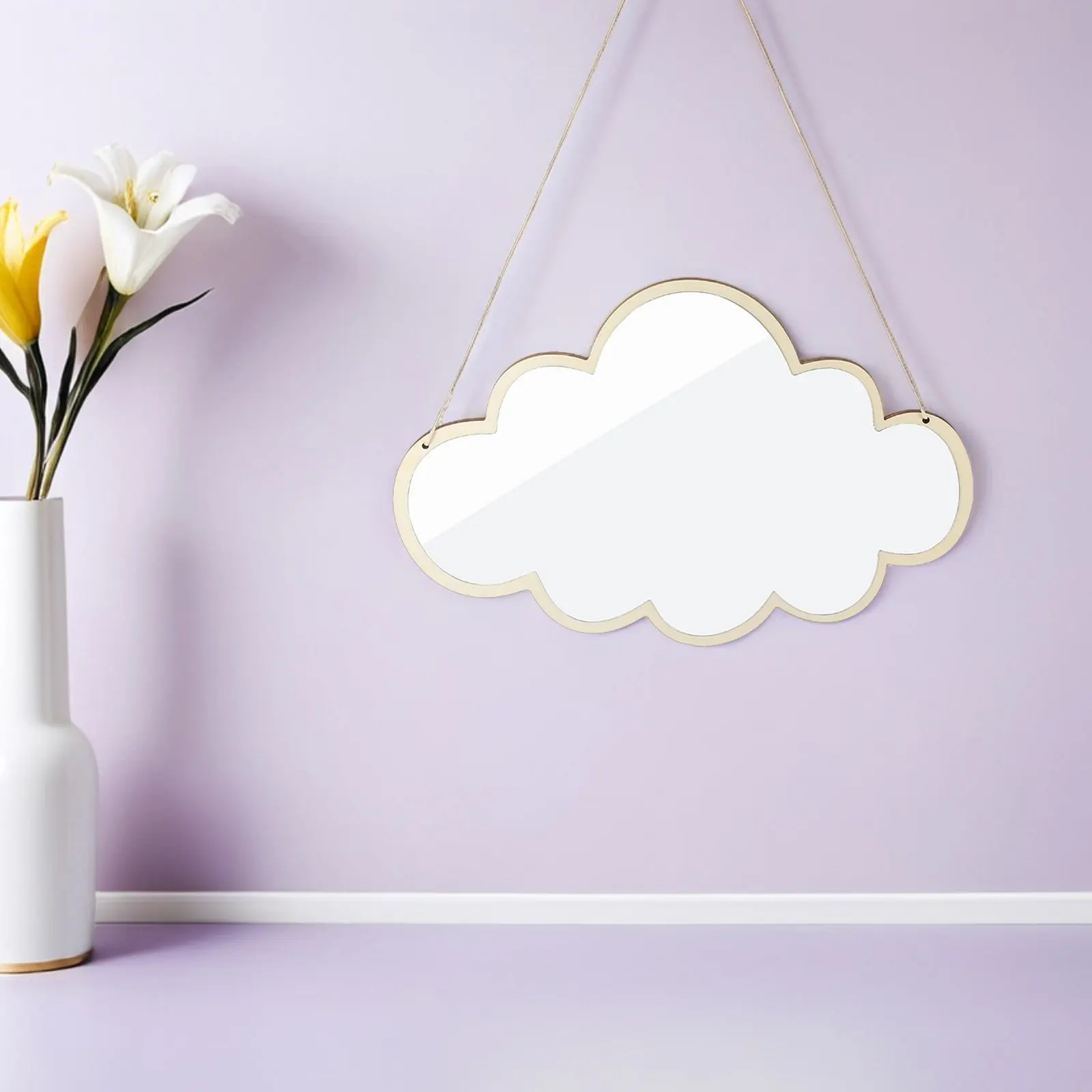 2Pcs Cloud Shape Shatterproof Acrylic Mirror with Natural Wood Frame Modern Wall Mounted Bathroom Bedroom Nursery Decorative