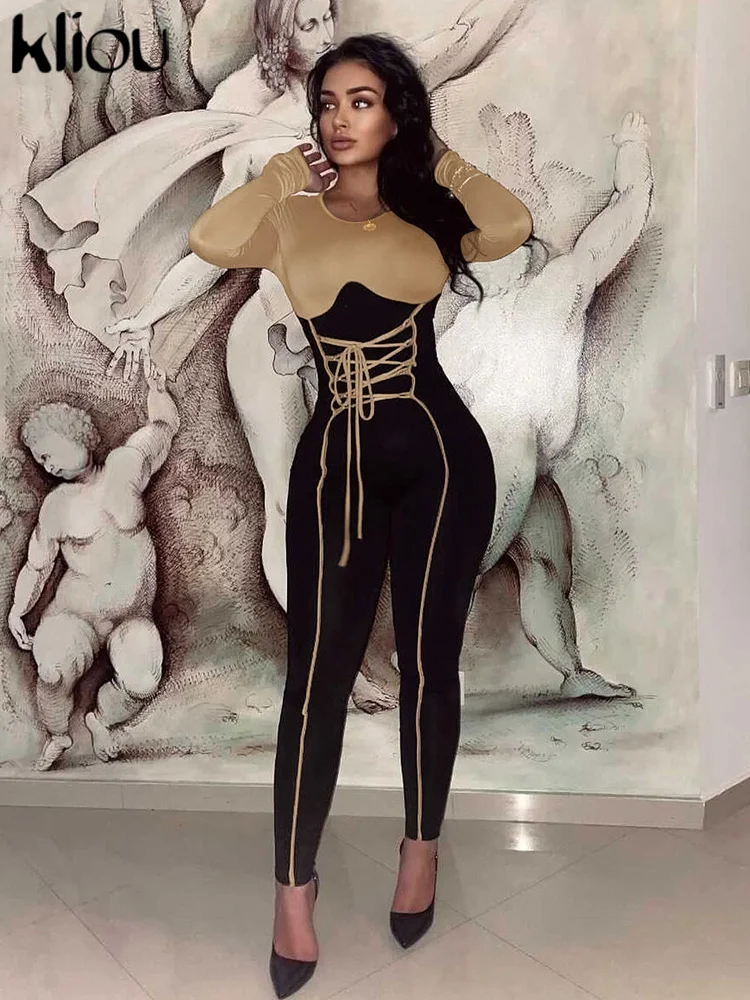 Kliou Patchwork Casual Jumpsuits Women Fashion Autumn Long Sleeve O-neck Bandage Slim Overalls Female Classic Street One Piece