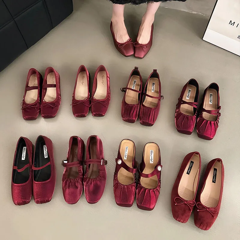 Red Ballet Footwear Mary Janes Silk Women Flats With Shoes 2024 Female Soft Fashion Buckle Shallow Ladies Lolita Dance Shoes