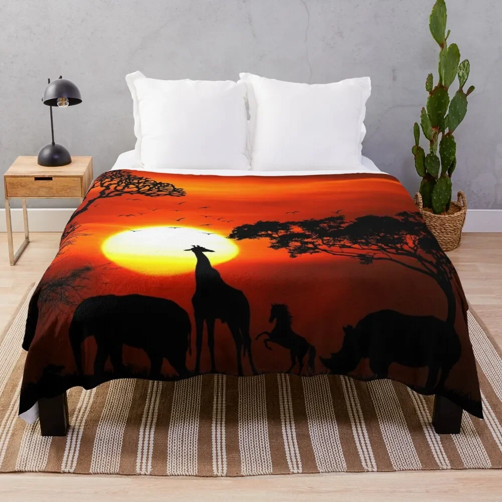 Wild Animals on African Savanna Sunset Throw Blanket Sofa Quilt Picnic Blankets