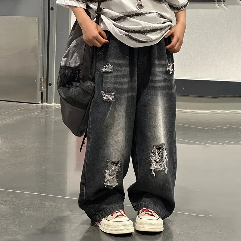 Retro Boys' Ripped Jeans 2025 New Style Spring and Autumn Casual Long Pants for Teenagers Children's Loose Straight-leg Pants
