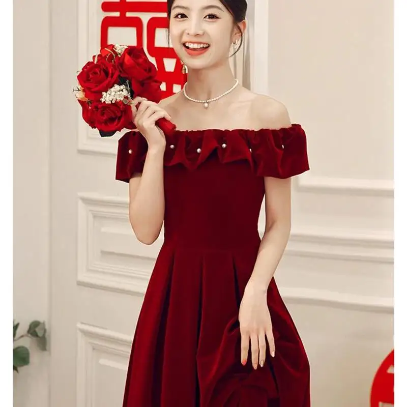

Red Evening Gown One oulder Bridesmaid Dr Slimming Small Size Adult Ceremony Dr Faionable Wedding Celebration Dr
