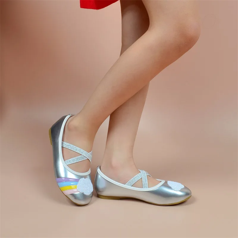 Spring Girls' Bean Shoes Cloud Rainbow Children's Casual Shoes Silver Soft Sole Flat Shoes Cartoon Princess Girls Single Shoes