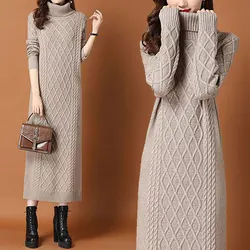 Stylish Turtleneck Knitted Long Dress Autumn Winter Long Sleeve Women's Clothing Basic Screw Thread Vintage Solid Color Dresses