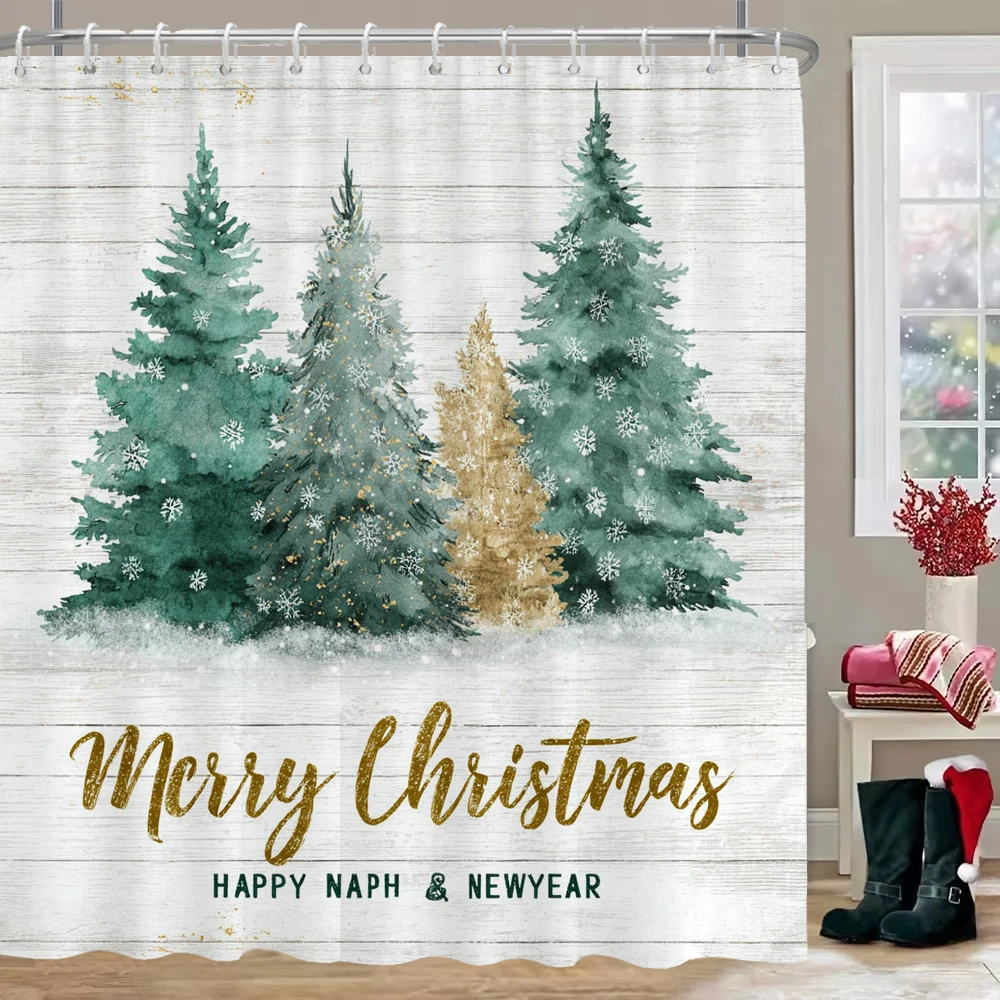 

Merry Christmas Shower Curtain, Bathroom Decorative Christmas Tree Shower Curtain, home decoration Christmas Curtain with Hooks