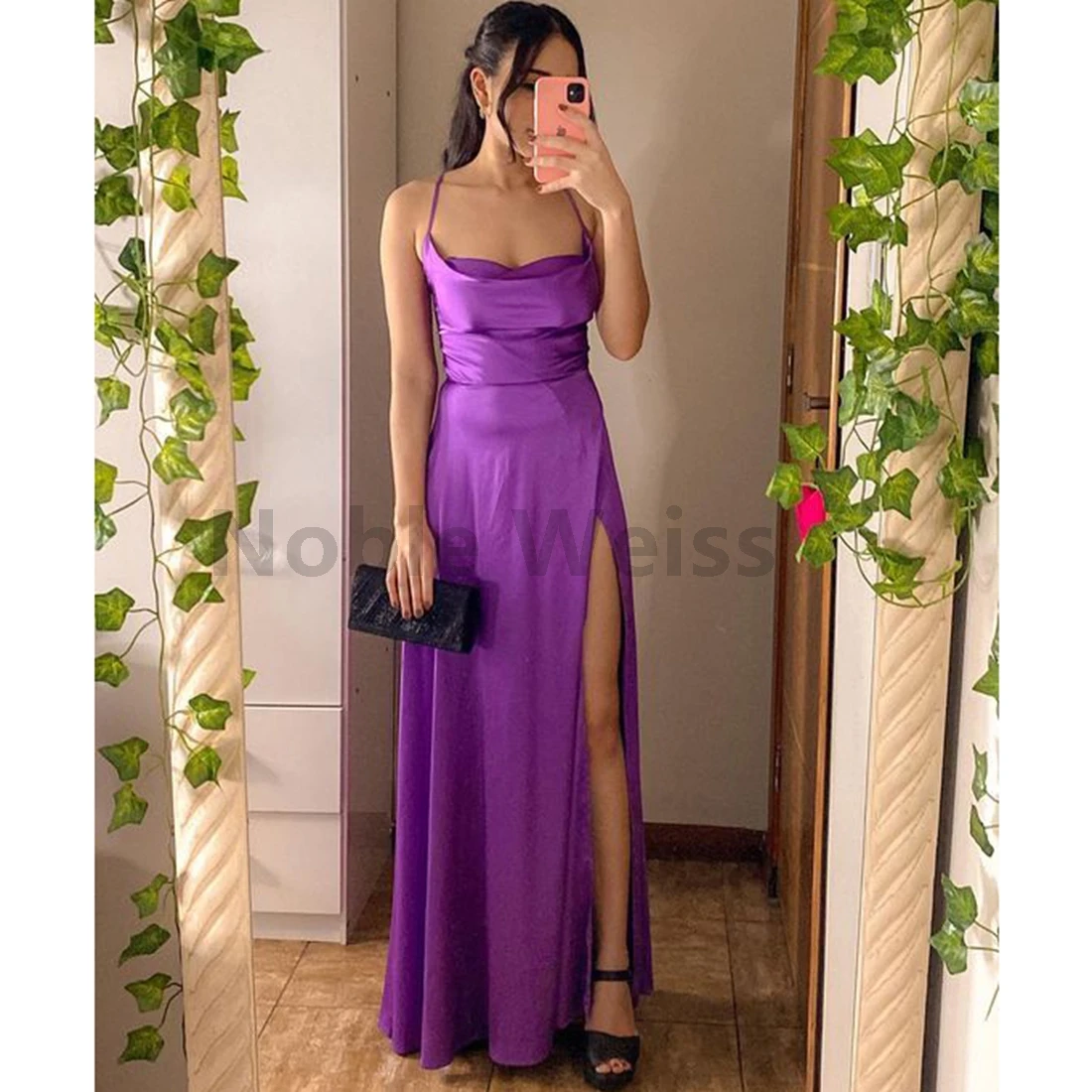 새틴 프롬 드레스 홀터 플로어-길이 A라인 이브닝 가운 스플릿 커스터마이즈