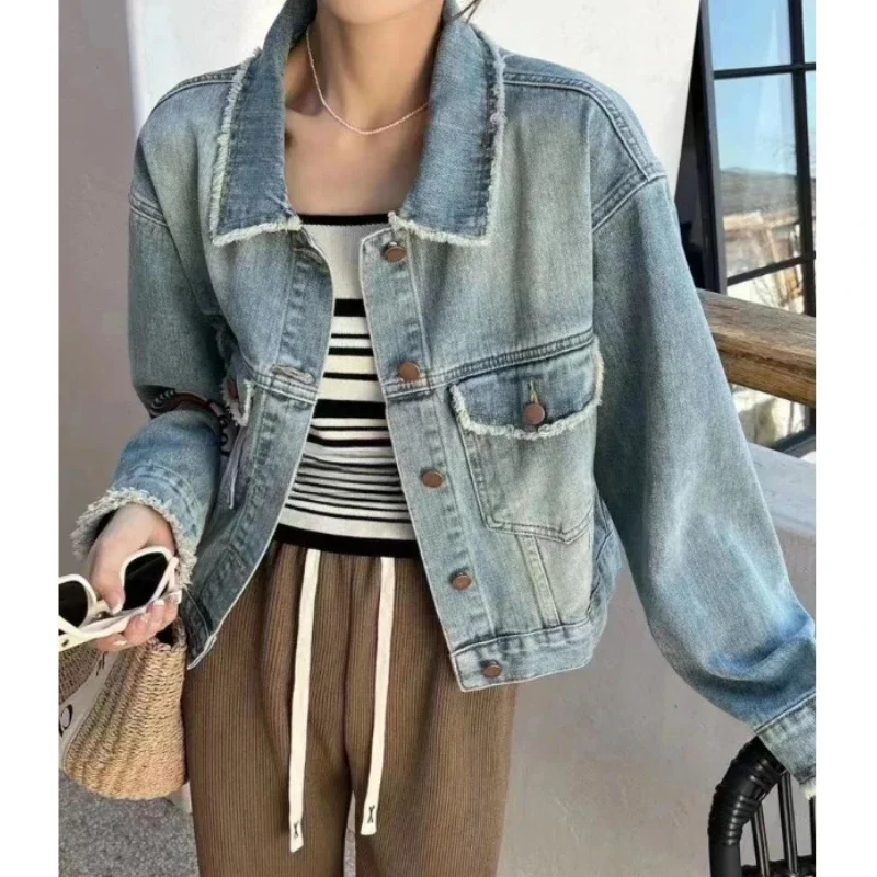 Pop lente nieuwe retro geborstelde rand denim jack met ontwerp temperament denim top voor dagelijks gebruik veelzijdige jas trendy outfit