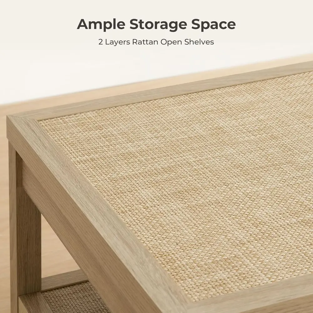ボヘミアンシックな長方形の籐製コーヒーテーブル、2段収納付き、ライトオークのアクセントテーブル、リビングやホームオフィス用