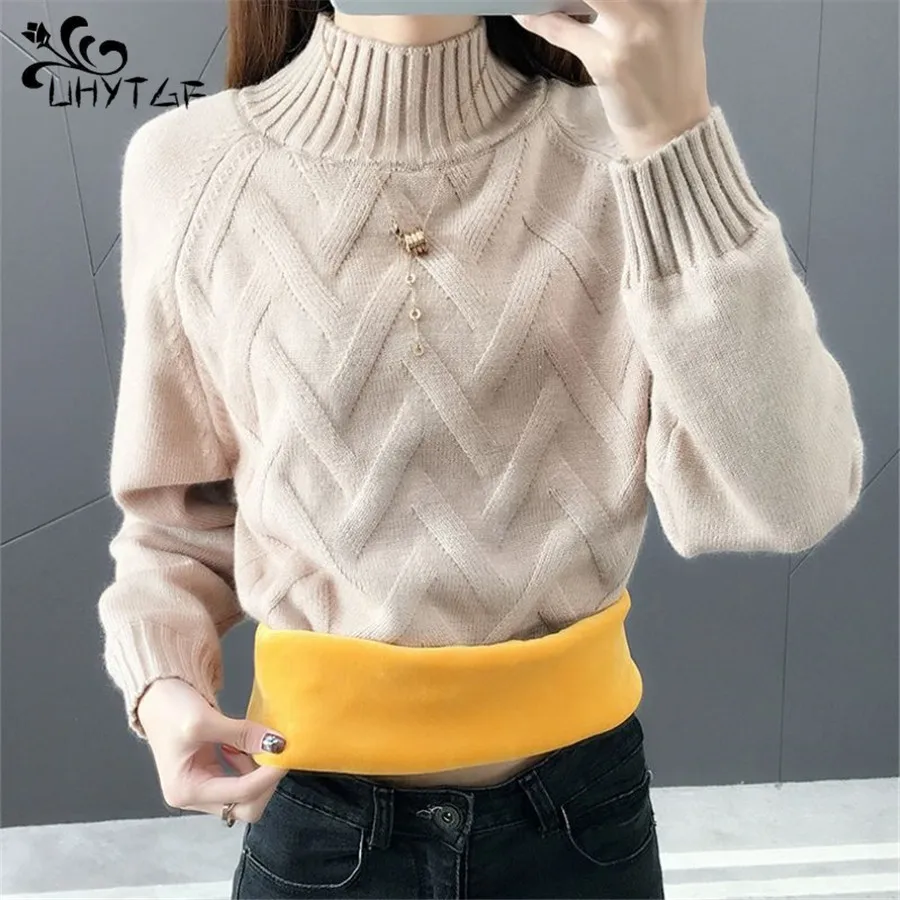 

UHYTGF 2024 Winter Thicken Plus Velvet Sweaters For Women Warm Knit Pullovers Korean Fleece Lined Knitwear Ribbed Bottomed Tops