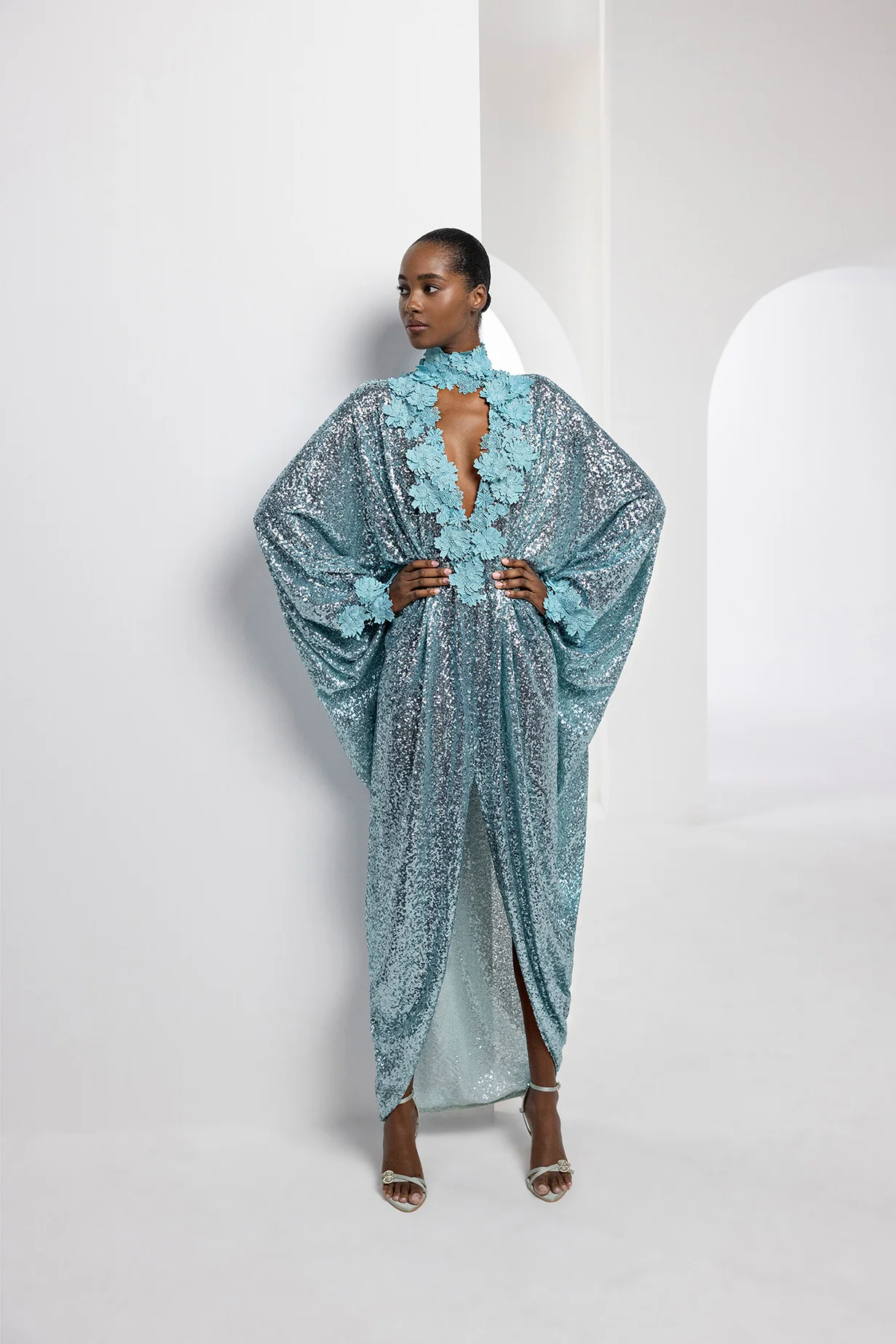 Modest Sky Blue Sequined Asymmetrical Long Dresses With Delicate Appliques Shiny kaftan Women Maxi Dresses