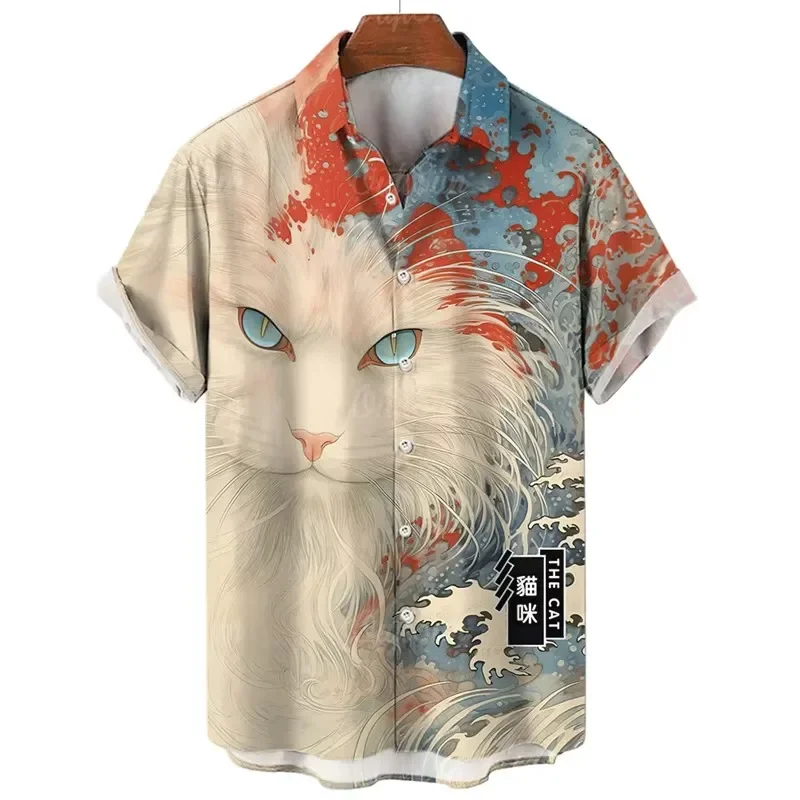 Fashion Hawaiian Shirt 3d Animal Cat Printed Short Sleeves Summer Beach Floral Lapel Shirts Men Streetwear Tops Blouse Clothes