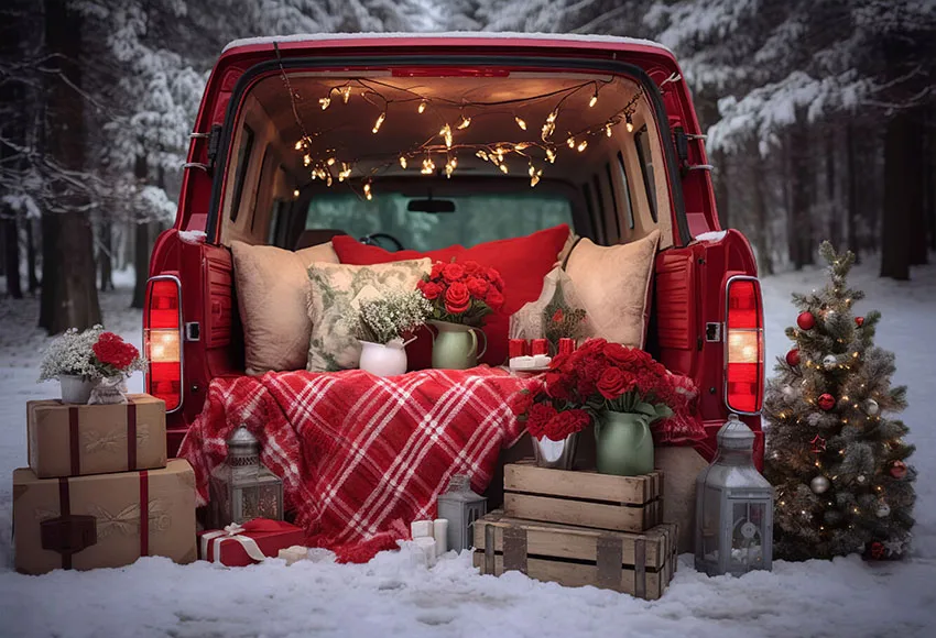 Mehofond-Inverno Natal Fotografia Contexto, Carro Vermelho, Árvore De Natal, Floresta De Neve, Retrato De Crianças, Estúdio De Fundo, Suporte De Fotozônio