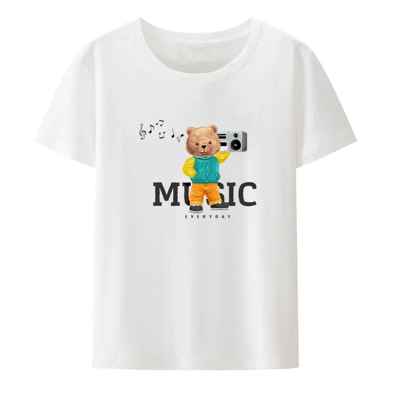 Of Bear Doll In Hip Hop Style Fashion Carrying Tape Recorder on Its Shoulders Cartoon Graphic T Shirts Popular Fashion Shirt