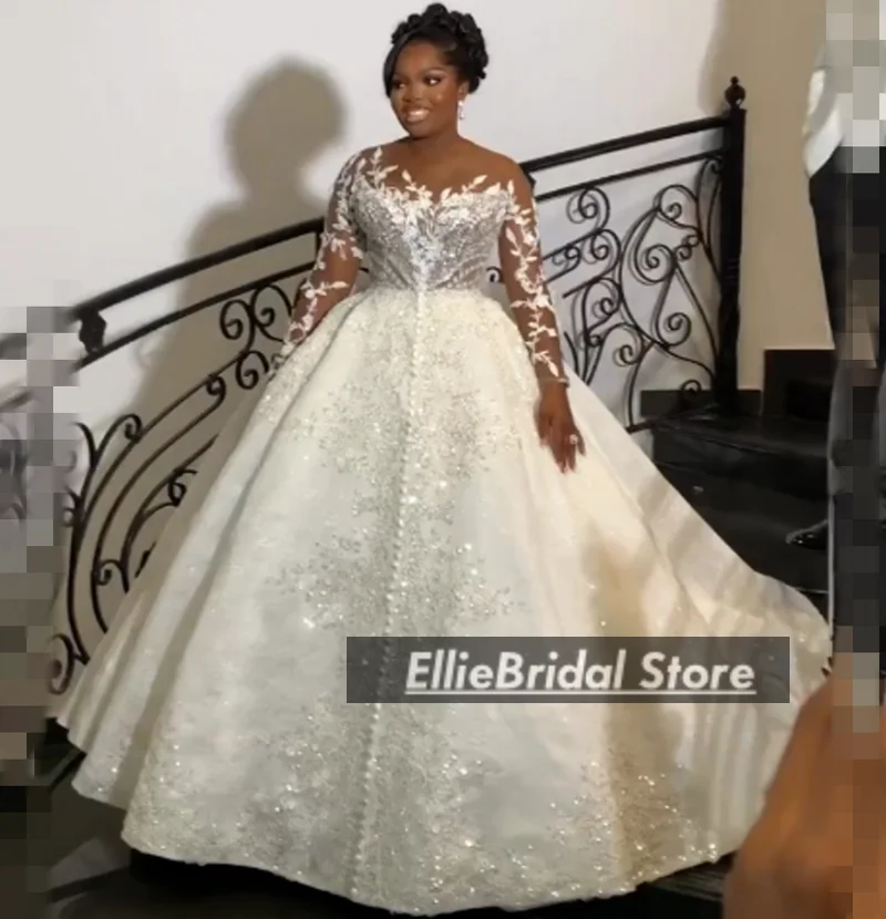 African Ball Gown Wedding Dresses For Brides Sheer Neck Lace Bridal Gowns Long Sleeve Beading Vestido De Noiva 2025 Customized image 2