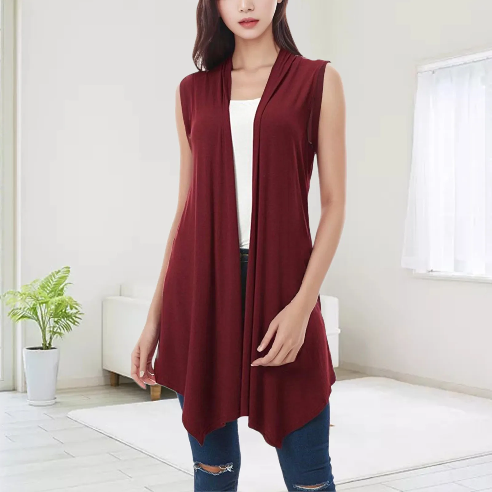 Women\'s Fashion Vintage Open Front Draped Cardigan Solid Color Blouse Vest Hem Asymmetric Sleeveless Women\'s Casual Coat