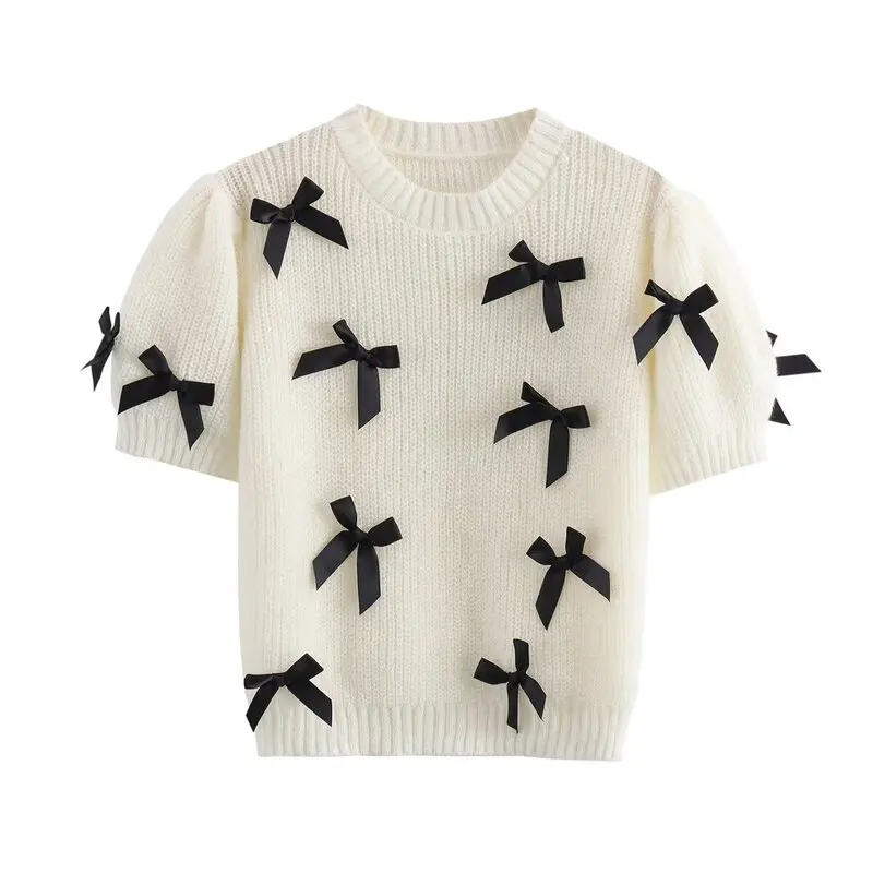 

2024 Autumn New Women's Faion Design round Ne ort Sve White Knitwear with Bowtie Versatile Sweet Sle Sweater