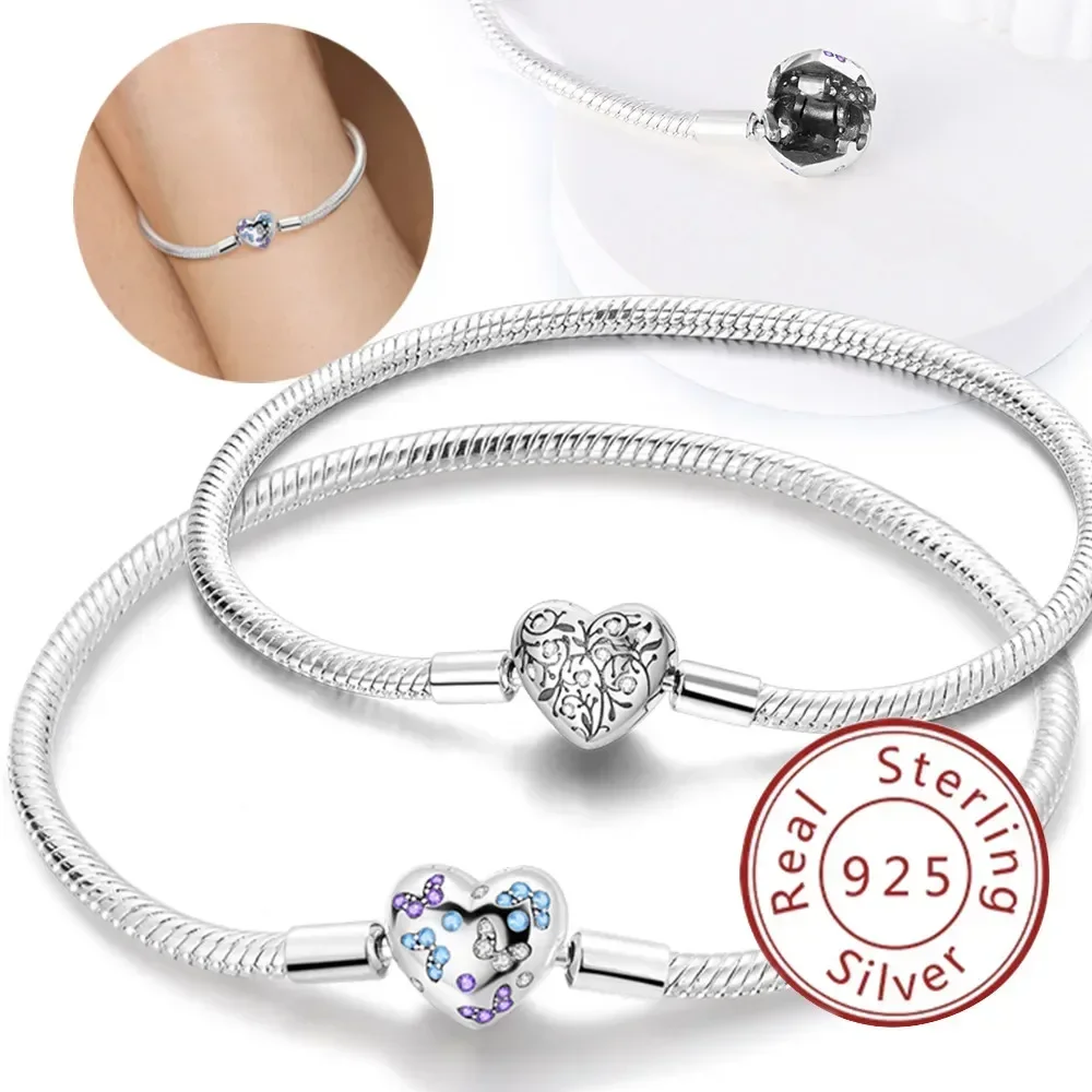 سوار قلب فضي إسترليني لامع للنساء ، لحظة حب ، يناسب السحر الأصلي ، مجوهرات راقية ، هدية