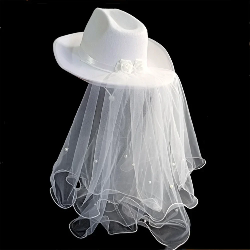 Bride White Cowboy Veil Hat Pearl Rhinestone Wedding Cowgirl Hat Bach Bachelorette Hen Party Bridal Shower Decoration Gift