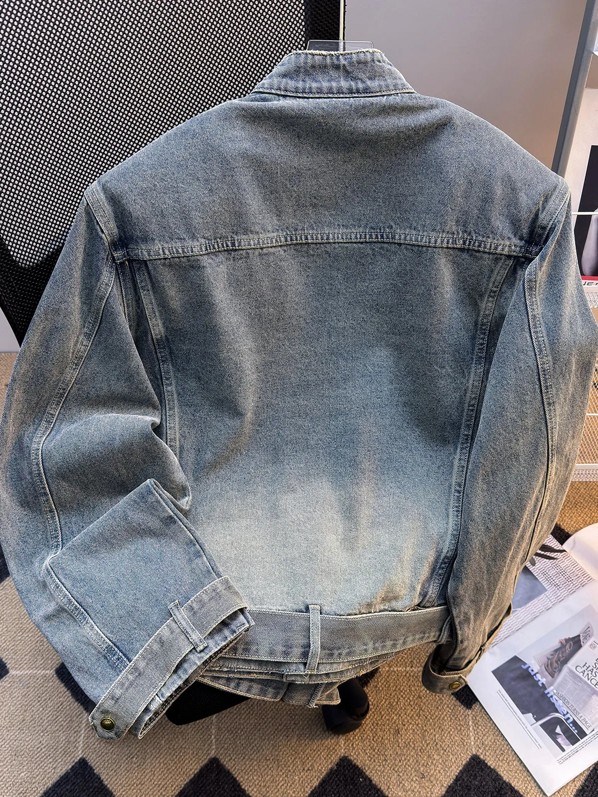 Women Blue Cropped Denim Jacket Vintage Harajuku Long Sleeve Oversize Jean Jacket with Belt Outerwear Y2k Denim Coat Autumn 2025