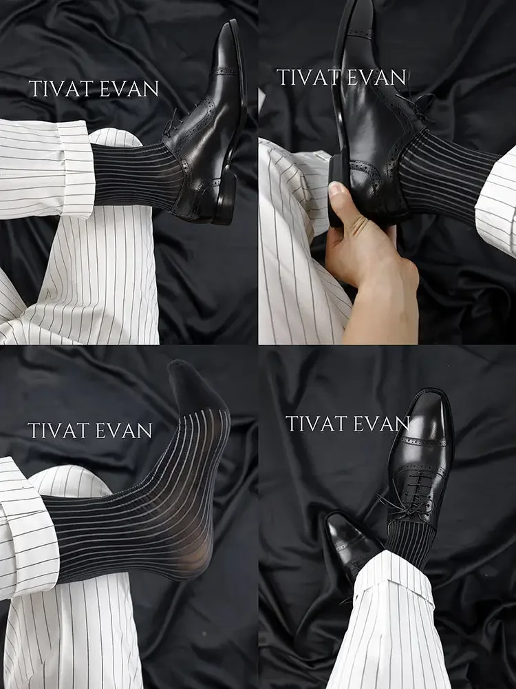 2024 Men Socks Black Gray Striped Glossy Sheer Stockings Sexy Gentleman Formal Business Suit Dress Long Tube Socks Medias Hombre