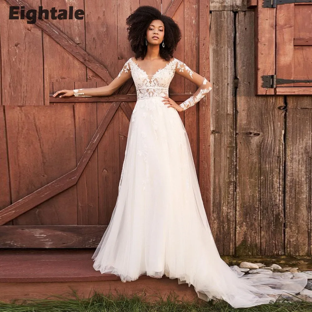 Eightale Boho Wedding Dress Customized V-Neck Lace Appliques Long Sleeves White Ivory Tulle Bridal Gown Vestido De Noiva