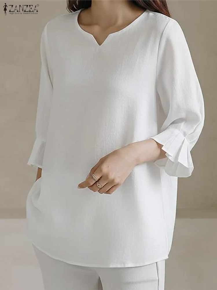 

Стильные топы ZANZEA 2025, женская осенняя однотонная блузка с рукавом 3/4, повседневные свободные плиссированные рубашки, элегантные офисные женские Blusas Femininas