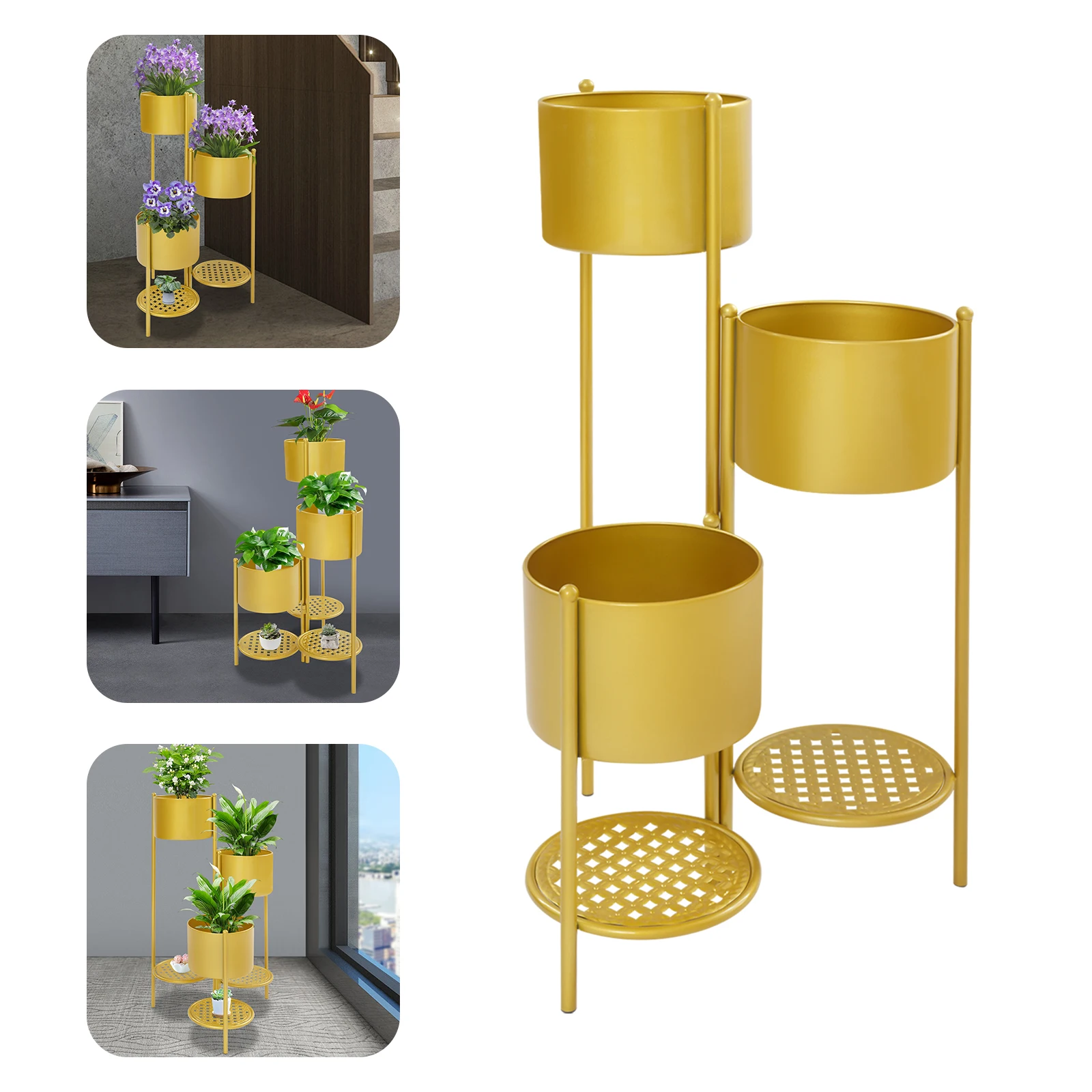 Suporte de planta de canto, suporte de vaso de flores de ferro dourado, exibição de plantas de suporte de escada