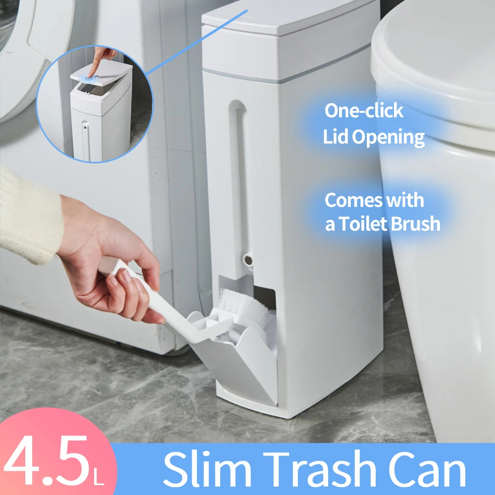 

4.5L Slim Trash Can with Cleaning Brush and Lid Plastic Waste Basket Bathroom Trash Can Garbage Bucket for Bathroom Narrow Space