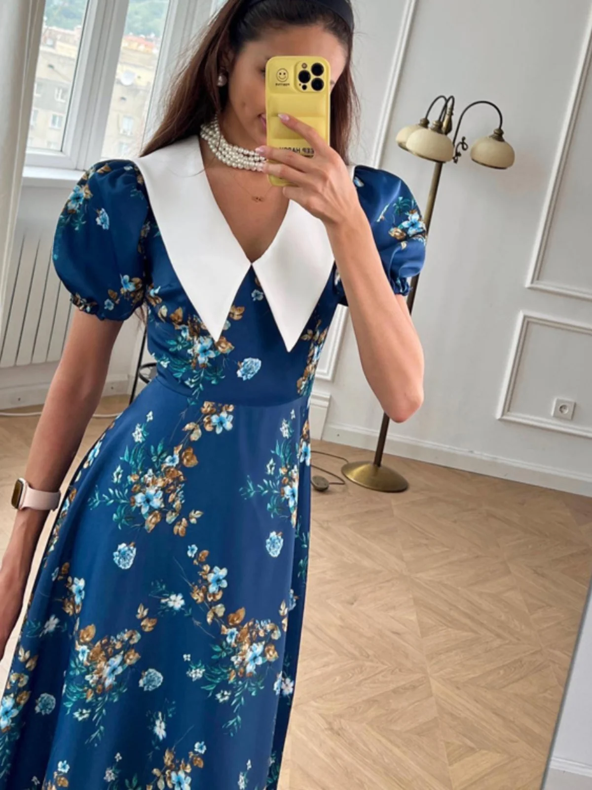 Or Sve – col de poupée imprimé Floral bleu, Long Dr pour femmes, printemps été, rue, taille haute, ligne a, Dr Bubble Sve