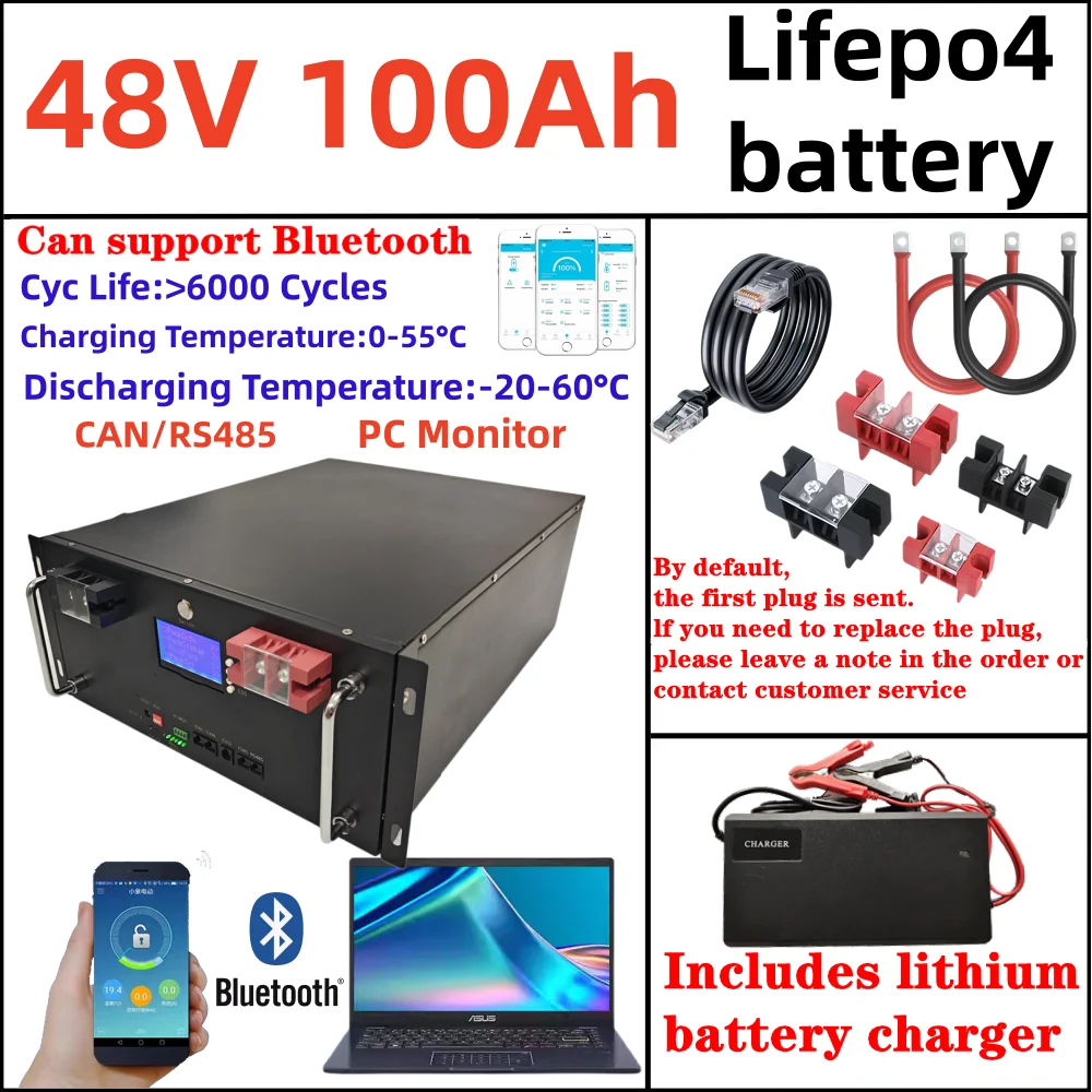 48v 100AH lifepo4 lithium battery bluetooth APP Lithium Iron Phosphate RS 485 Communication base + 10A charger