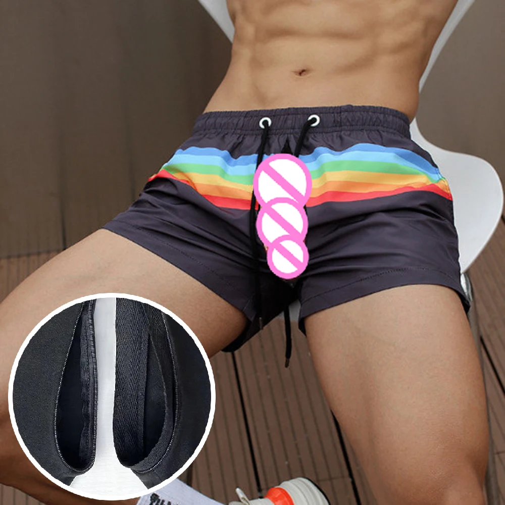 Summer Shorts Men's Invisible Open Crotch Outdoor Sex Rainbow Frenulum Beach Pants Casual Fitness Running  Sweatpants