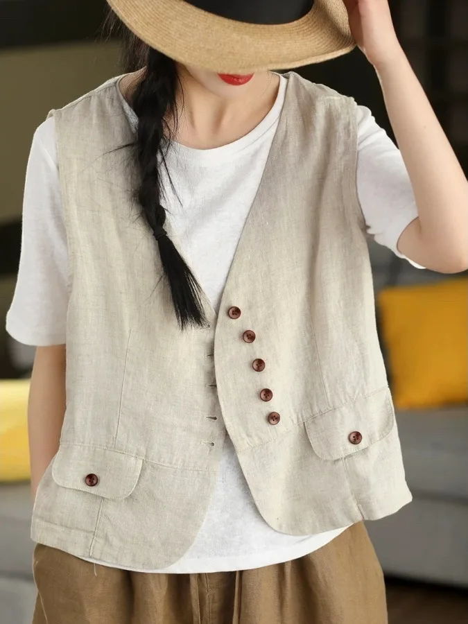 

Ladies Cotton Linen Vest Outerwear Single Button V-Neck Summer Loose Design Sense Retro Lazy Old Money Style Commute Style