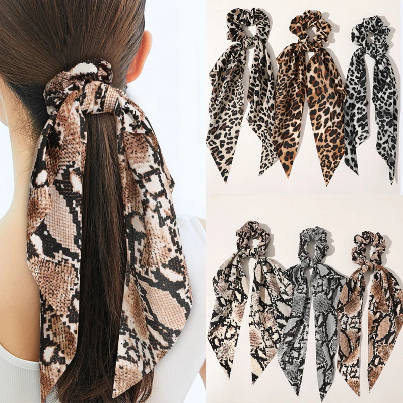 Women Scrunchies Leopard Print Long Ribbon Bows Hair Bands Ties Elastic Ponytail Holder Ties Hair Rubber Bands Hair Accessories