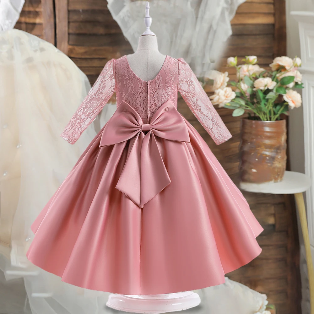 Kids Wedding Party Dresses Girls Bow White Flower Long Sleeved Costume Clothes Children Birthday Princess Gown Evening Vestidos